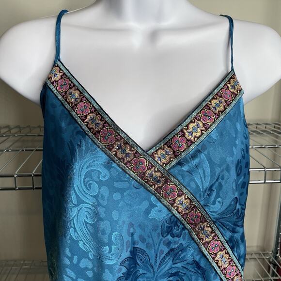 Vintage Dentelle Turquoise Brocade Slip Dress Size M Nightgown Loungewear Chic - Picture 8 of 13